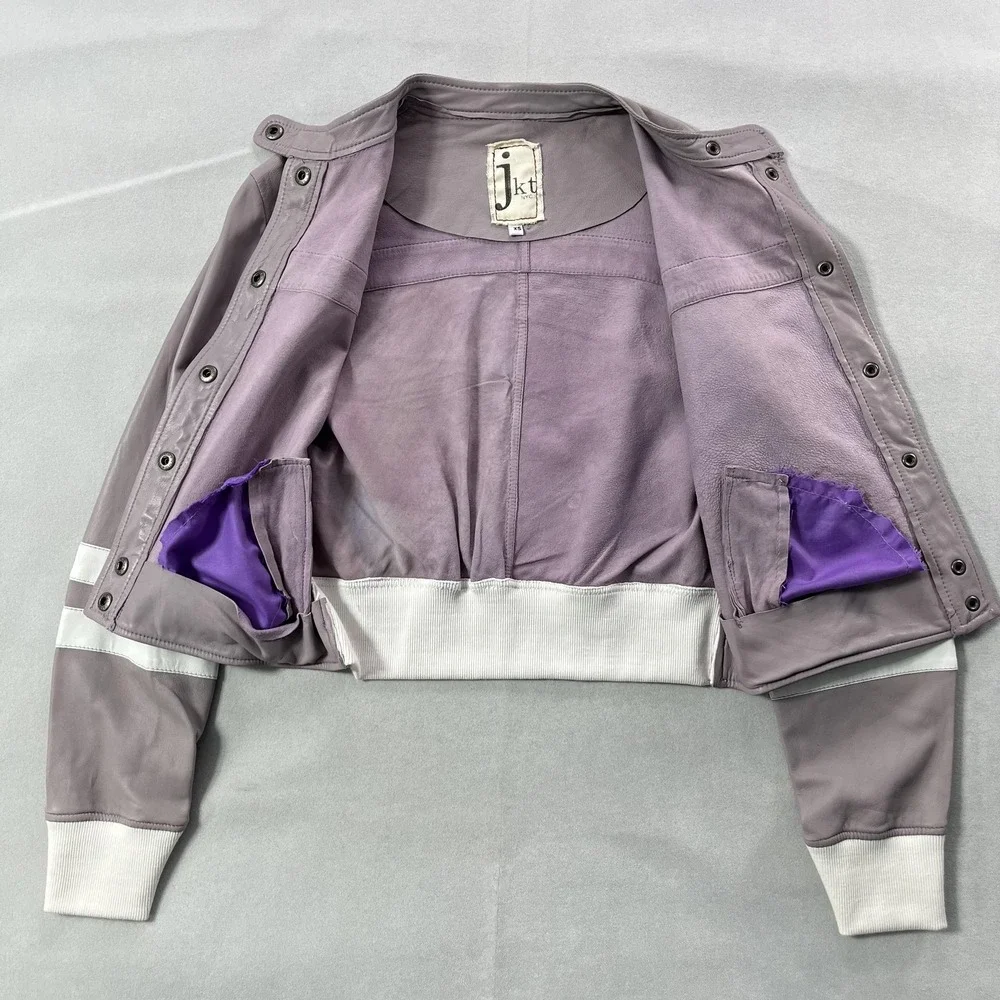 JKT NYC Leather Jacket Womens XS Purple White Stripe‎ Moto Racer Cropped Rib Hem